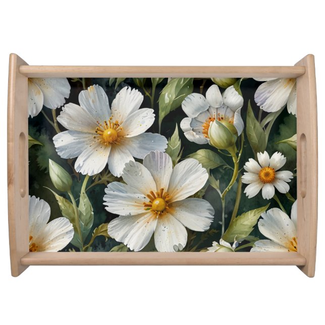 Elegant Lovely White Flowers Watercolor Chic Serving Tray (Front)
