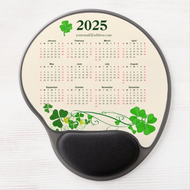 Elegant Lucky Shamrock Calendar 2025 Gel Mouse Pad (Front)