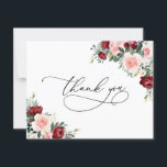 Elegant Lush Burgundy Blush Floral Wedding Thank You Card<br><div class="desc">Designed to coordinate with our Romantic Blooms wedding collection, this customizable Thank You card, features watercolor burgundy and blush florals with greenery leaves and calligraphy script graphic text, paired with a classy serif & modern sans font in black with an option to include a custom message on the back. Matching...</div>