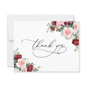 Elegant Lush Burgundy Blush Floral Wedding Thank You Card