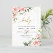 Elegant lush pink floral gold boho oh baby shower invitation (Standing Front)