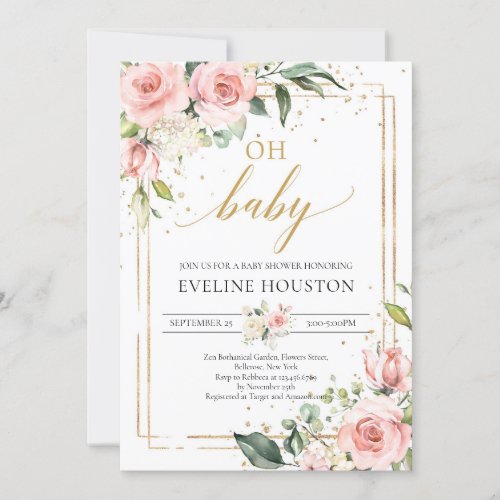 Elegant lush pink floral gold boho oh baby shower invitation