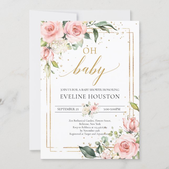 Elegant lush pink floral gold boho oh baby shower invitation (Front)