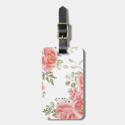 Elegant Lush Pink Floral Gold Trim Watercolor Luggage Tag