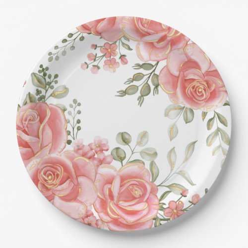 Elegant Lush Pink Floral Gold Trim Watercolor Paper Plates