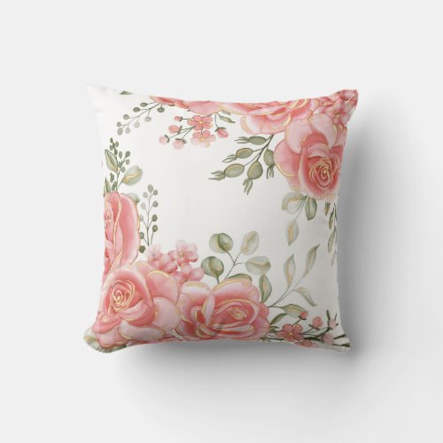Elegant Lush Pink Gold Trim Floral Watercolor Throw Pillow