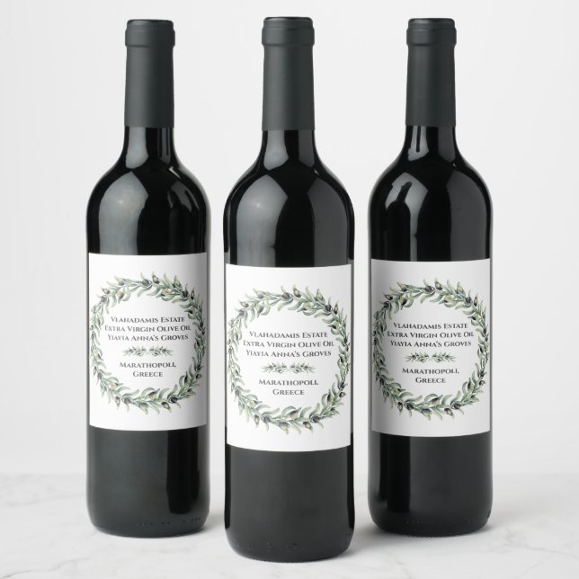 Elegant Lush Watercolour Olive Branches Wreath  Wine Label (Bottles)