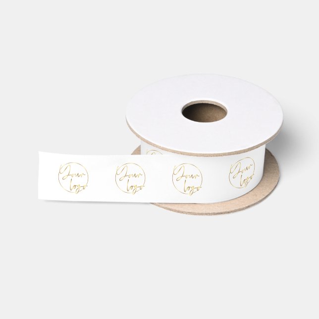 Elegant Lux Gold Logo Branded Business White Satin Ribbon (Spool)