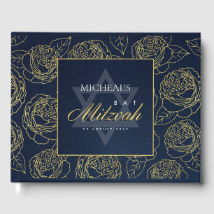 ELEGANT LUX NAVY GOLD ROSE FLORAL BAR BAT MITZVAH GUEST BOOK