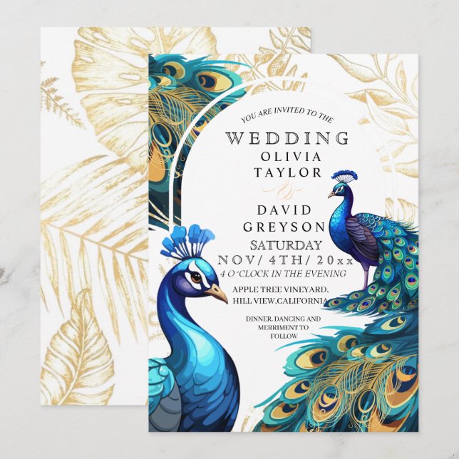 Elegant Lux Peacocks Flora Wedding  Invitation (Front/Back)