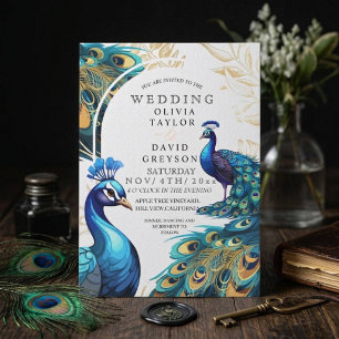 Elegant Lux Peacocks Flora Wedding Invitation