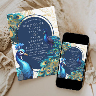 Elegant Lux Peacocks Flora Wedding Invitation