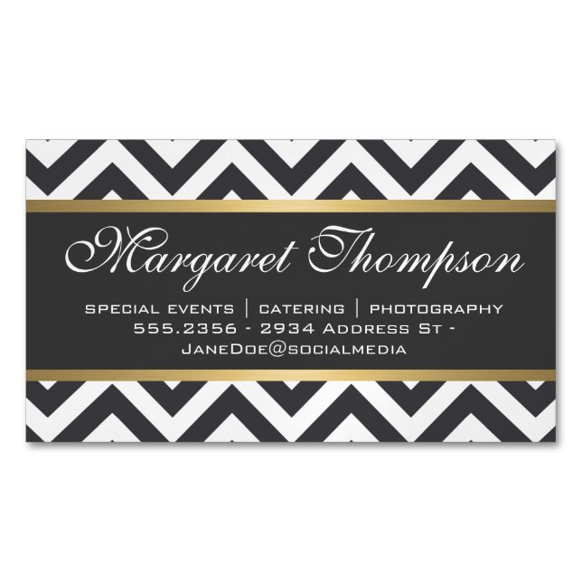 Elegant Luxe Chevron Pattern Gold Trim Business Card Magnet (Front)
