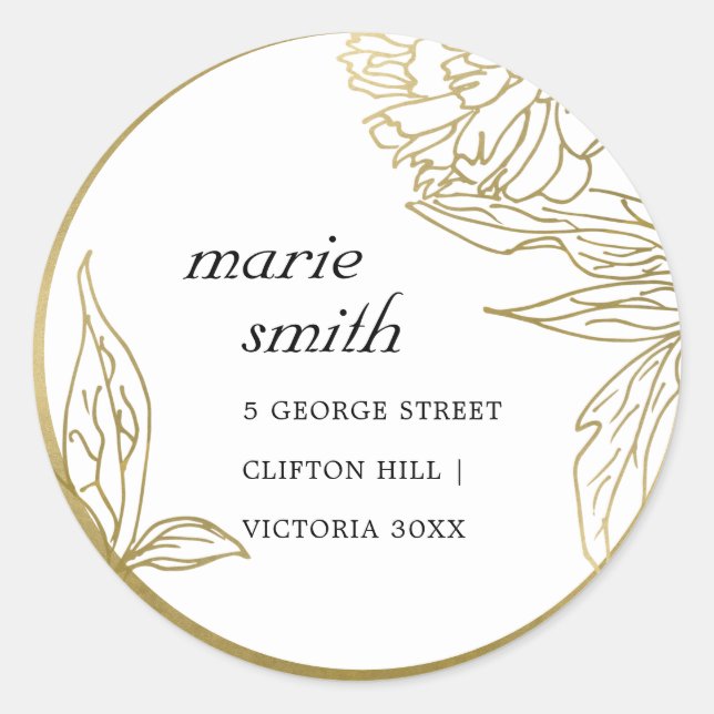 ELEGANT LUXE CLASSY GOLD FOIL FLORAL ADDRESS  CLASSIC ROUND STICKER (Front)