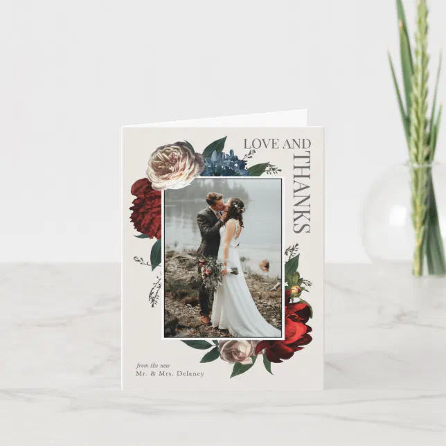 Elegant Luxe Floral Wedding Photo Thank YOu Card | Zazzle