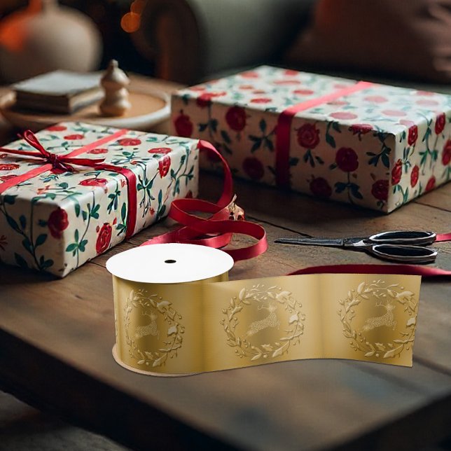 Elegant Luxe Golden Reindeer and Wreaths Christmas Satin Ribbon (Creator Uploaded)