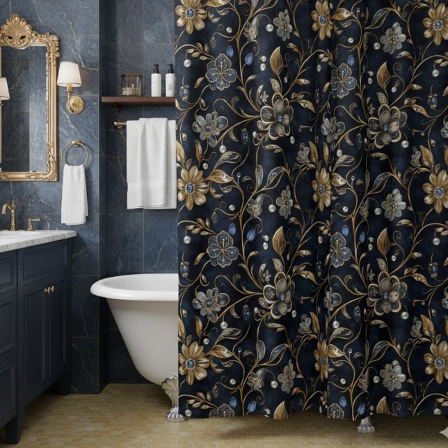 Elegant Luxe Midnight Floral Shower Curtain (luxe elegant vintage navy gold floral shower curtain with maximalist bejeweled metallic flowers)