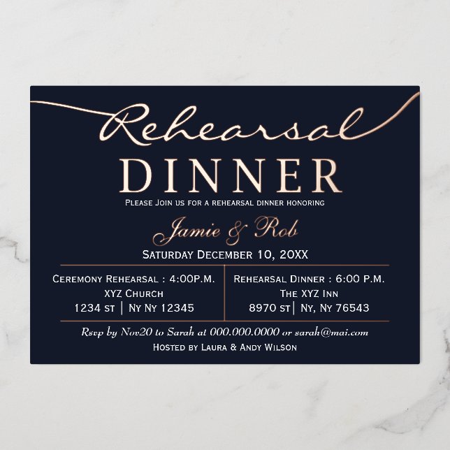 Elegant Luxe Navy Rose Gold Rehearsal Dinner  Foil Foil Invitation (Front)