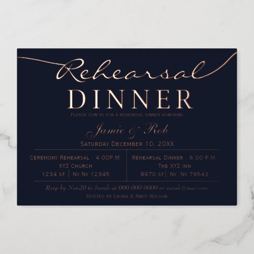 Elegant Luxe Navy Rose Gold Rehearsal Dinner  Foil Invitation