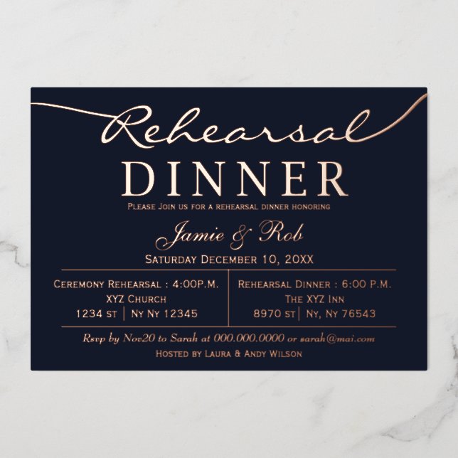 Elegant Luxe Navy Rose Gold Rehearsal Dinner  Foil Invitation (Front)