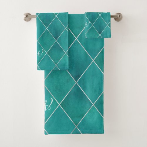 Elegant Luxurious Aqua Green Silver Argyle Pattern Bath Towel Set