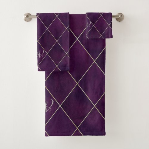 Elegant Luxurious Argyle Deep Purple Beige Gold Bath Towel Set