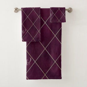 Elegant Luxurious Argyle Magenta Red Beige Gold Bath Towel Set