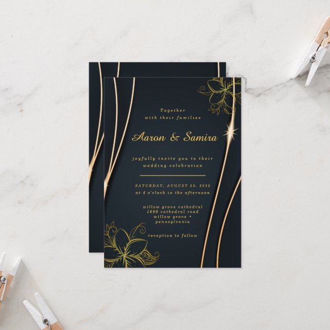 Elegant Luxurious Black and Gold Floral wedding  Invitation (Front/Back In Situ)