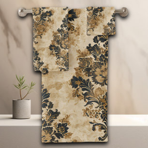 Elegant Luxurious Black Gold Beige Ivory Damask Bath Towel Set