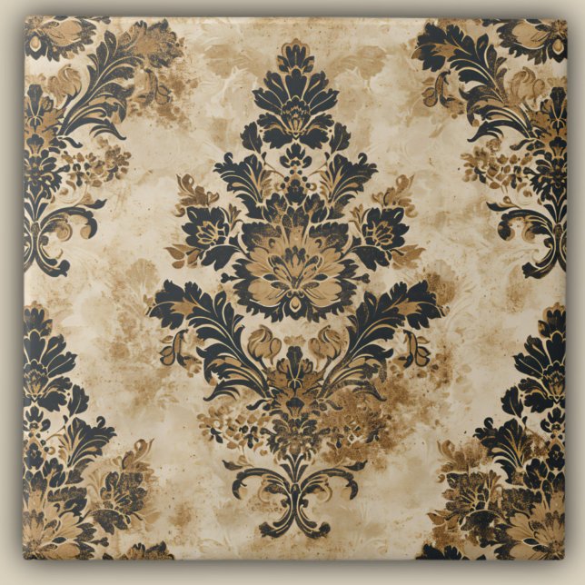 Elegant Luxurious Black Gold Beige Ivory Damask Ceramic Tile (Creator Uploaded)