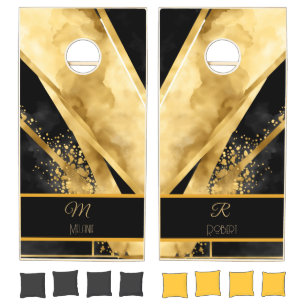 Elegant Luxurious Black Gold Monogram Modern Glam Cornhole Set
