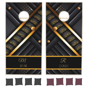 Elegant Luxurious Black Gold Monogram Modern Glam Cornhole Set