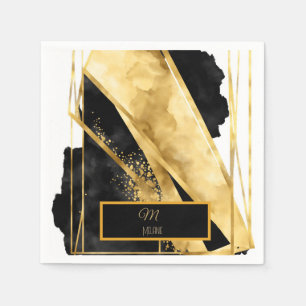 Elegant Luxurious Black Gold Monogram Modern Glam Napkins