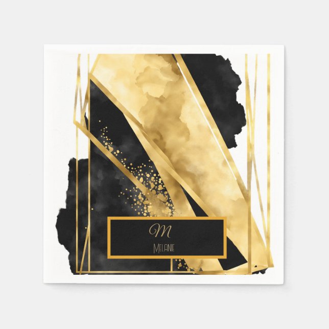 Elegant Luxurious Black Gold Monogram Modern Glam Napkins (Front)