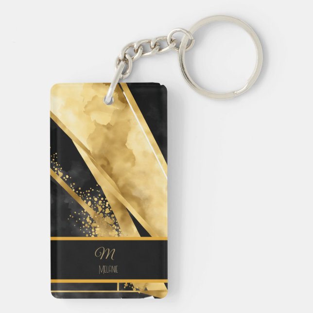 Elegant Luxurious Black Gold Monogram Wedding Keychain (Back)