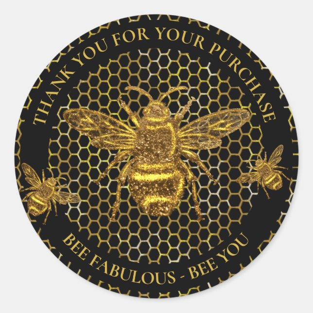 Elegant Luxurious Black Gold Queen Bee Thank You Classic Round Sticker (Front)