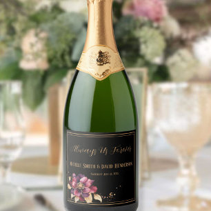 Elegant Luxurious Black Golden Burgundy Watercolor Sparkling Wine Label