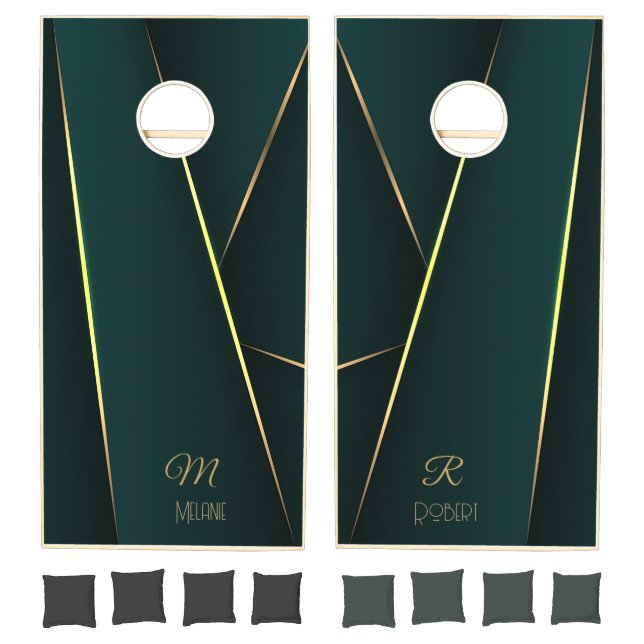 Elegant Luxurious Dark Green Gold Monogram Modern Cornhole Set (Set)