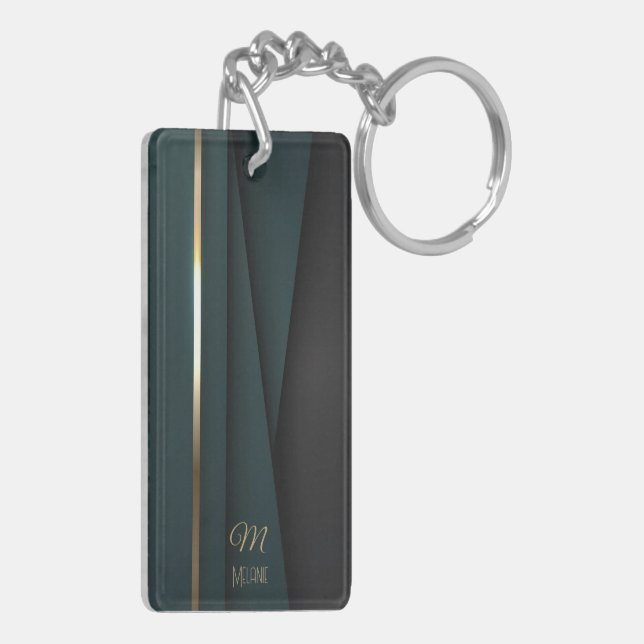 Elegant Luxurious Dark Green Gold Monogram Name Keychain (Back Left)