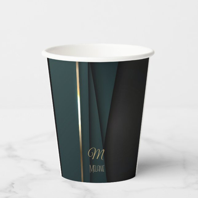 Elegant Luxurious Dark Green Gold Monogram Name Paper Cups (Front)