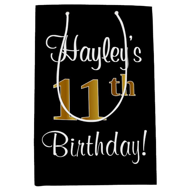 Elegant, Luxurious, Faux Gold Look 11th Birthday Medium Gift Bag (Front)