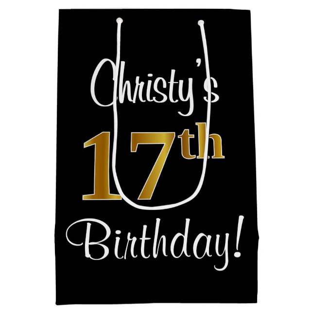 Elegant, Luxurious, Faux Gold Look 17th Birthday Medium Gift Bag (Back)
