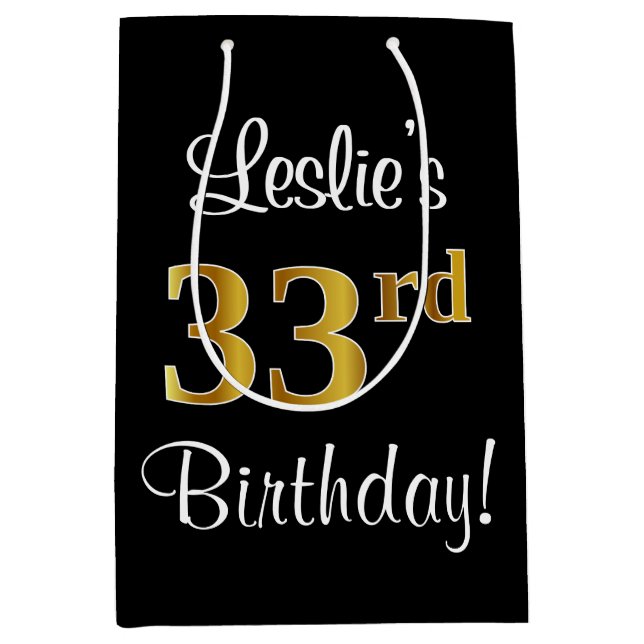Elegant, Luxurious, Faux Gold Look 33rd Birthday Medium Gift Bag (Front)