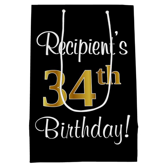 Elegant, Luxurious, Faux Gold Look 34th Birthday Medium Gift Bag (Back)