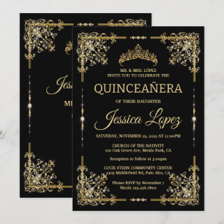 Elegant Luxurious Gold and Black Quinceanera Invitation