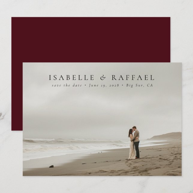 Elegant Luxurious Photo Maroon Red Wedding Save The Date (Front/Back)