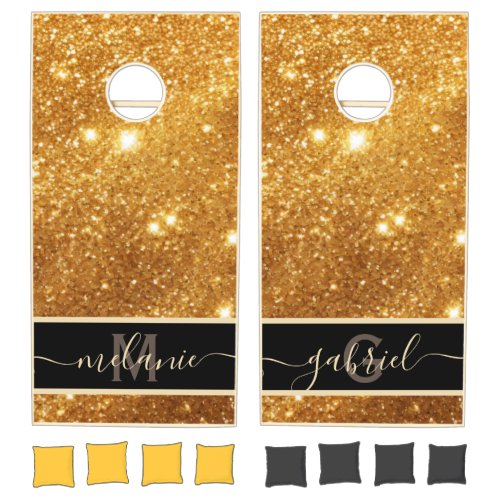 Elegant Luxurious Pure Gold Glitter Monogram Glam Cornhole Set