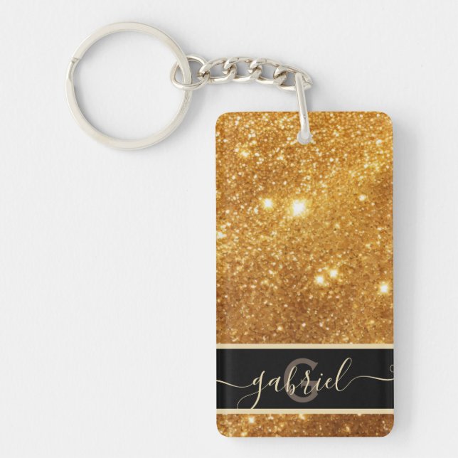 Elegant Luxurious Pure Gold Glitter Monogram Glam  Keychain (Front)