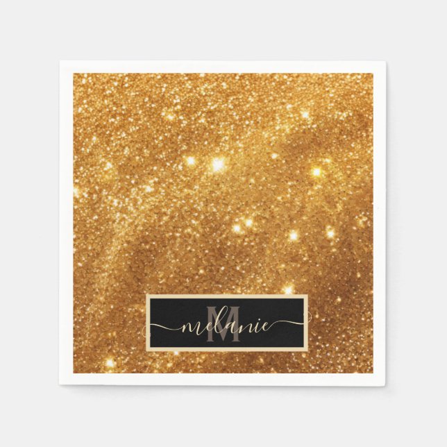 Elegant Luxurious Pure Gold Glitter Monogram Glam Napkins (Front)