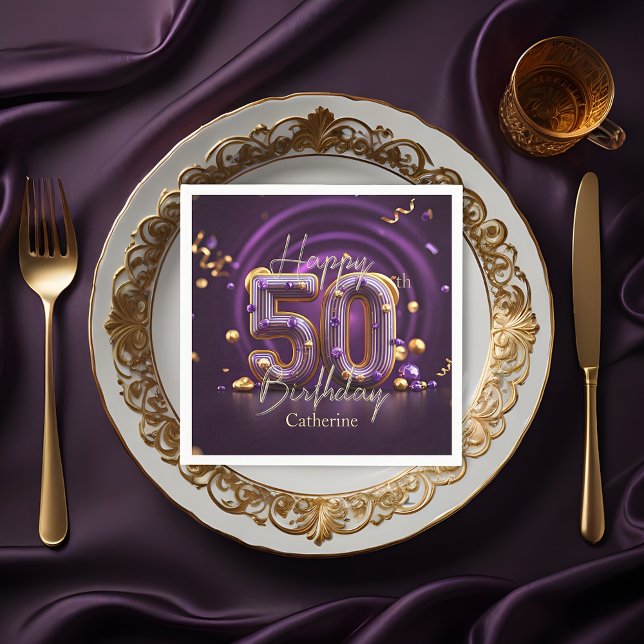 Elegant Luxurious Purple and Gold 50th Birthday Napkins (Creator Uploaded)